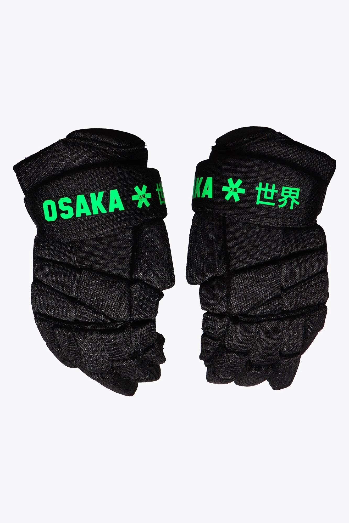 Osaka Hockey Penalty Glove Iconic Black, front view with green logo and padded knuckle guards