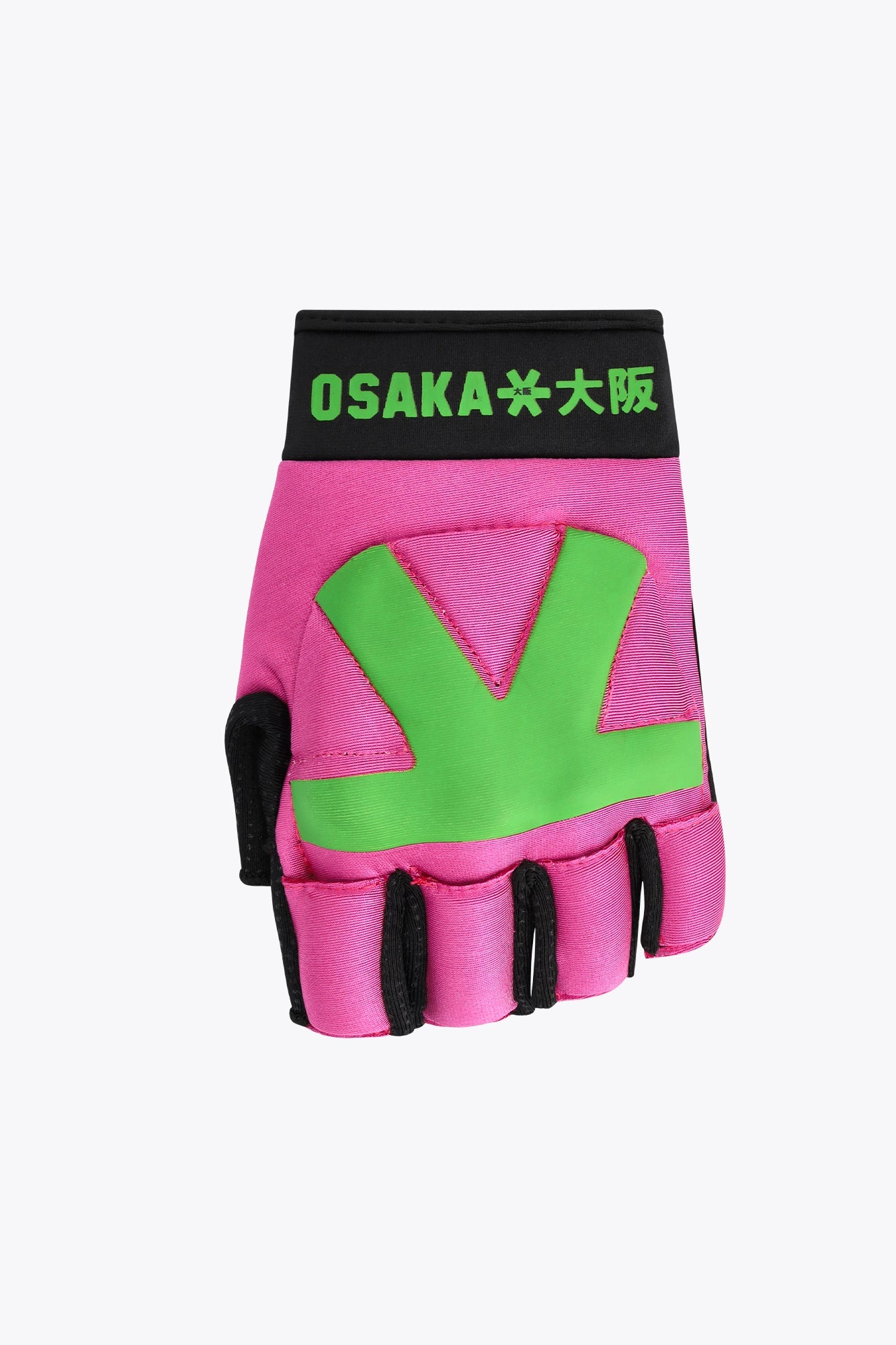 Osaka Armadillo hockey glove in Rose Bud and Wild Lime, palm view with OSAKA logo
