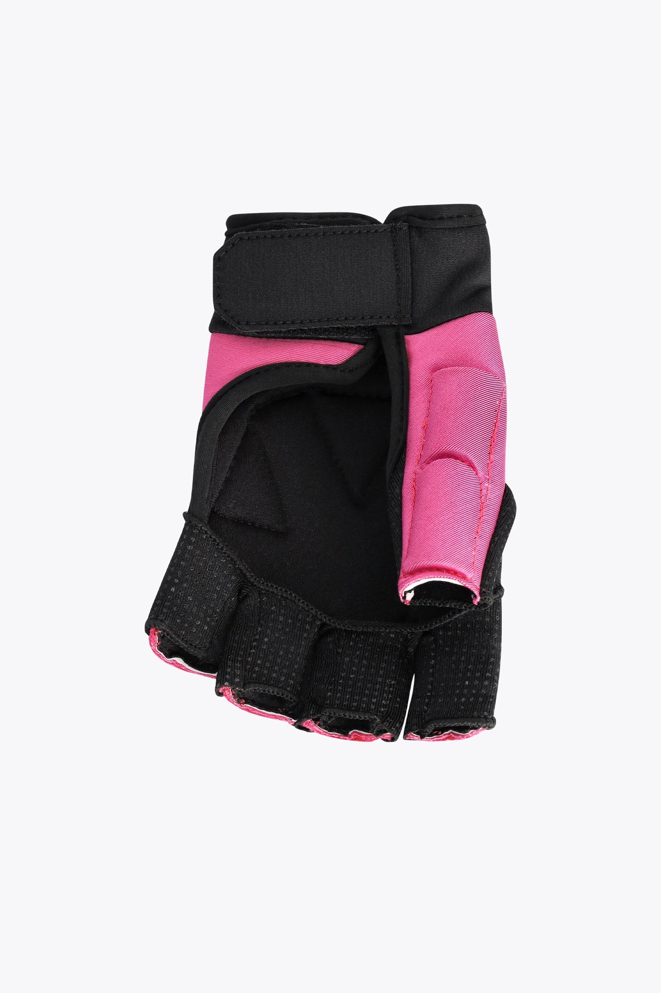 Osaka Armadillo hockey glove in black and pink, padded backhand and fingerless grip view